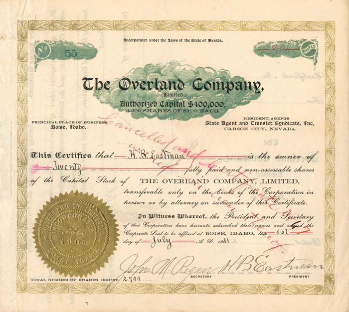 Overland Co. Issued to and Signed by H.B. Eastman